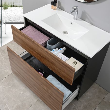Badezimmermöbel mit Waschbecken, Schichtholz, 100x46 cm, 2 Schubladen mit Soft-Close, Eichen-Finish, Bianca