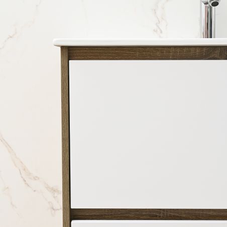 Badezimmermöbel mit Waschbecken, Schichtholz, 80x46 cm, 2 Schubladen mit Soft-Close, Weiß Eiche, Costa