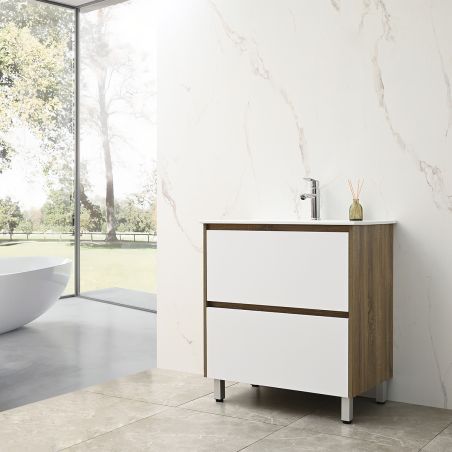 Badezimmermöbel mit Waschbecken, Schichtholz, 80x46 cm, 2 Schubladen mit Soft-Close, Weiß Eiche, Costa