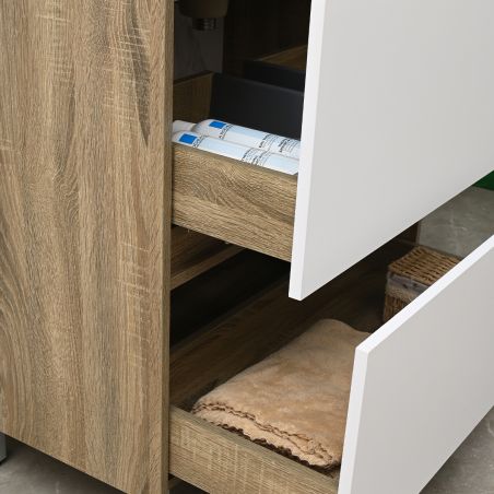 Badezimmermöbel mit Waschbecken, Schichtholz, 80x46 cm, 2 Schubladen mit Soft-Close, Weiß Eiche, Costa
