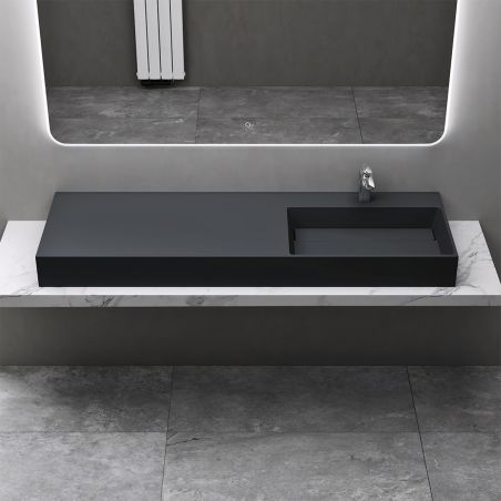 Waschbecken, Anthrazit, 150x48 cm, Marmorverbundstoff, zur Aufsatz- oder Wandmontage, Matt Anthrazit, verdeckter Ablauf, EGO 12R