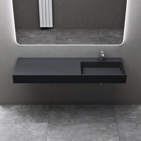 Waschbecken, Anthrazit, 150x48 cm, Marmorverbundstoff, zur Aufsatz- oder Wandmontage, Matt Anthrazit, verdeckter Ablauf, EGO 12R