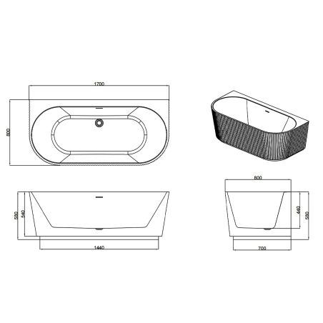 Freistehende Badewanne, 170x80 cm, mit Armatur und Ablaufventil, LED-Beleuchtung mit Bewegungsensor, Acryl, Mattschwarz, Eden