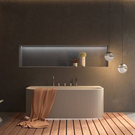 Freistehende Badewanne, 170x80 cm, mit Armatur und Ablaufventil, LED-Beleuchtung mit Bewegungsensor, Acryl, Hochglanz Weiß, Eden