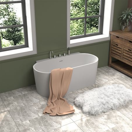 Freistehende Badewanne, mit verchromten Armatur, Hochglanz-Weiß (innen und außen), 160x75 cm, Acryl, Miraj