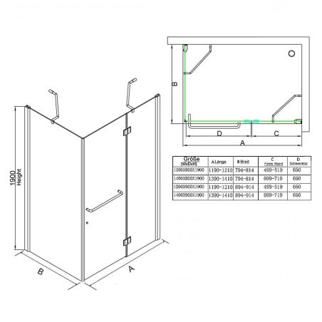 Duschkabine EGO-04, satiniertes Festteil & Pendeltür, 8 mm Sicherheitsglas, 120-140x80-90 cm, links/rechts montierbar