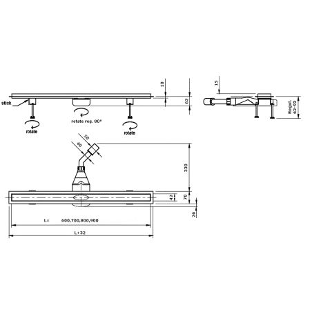 Duschrinne, befliesbar, Viega-Siphon, Slim Mattgold, Größen zwischen 60–90 cm, Edelstahl