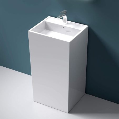 Standwaschbecken EGO 34, Weiß, glänzend, 50x42x90 cm, Bodenmontage, Marmorkomposit, mit Hahnloch und Überlauf