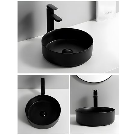 Waschbecken, Mattschwarz, Power Colour, Aufsatzmontage, Sanitärkeramik, Durchmesser 42 cm, Linea