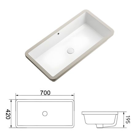 Waschbecken, Glänzend Weiß, Unterbau-Montage, ohne Hahnloch, 70–80x40 cm, Sanitärkeramik, Livia