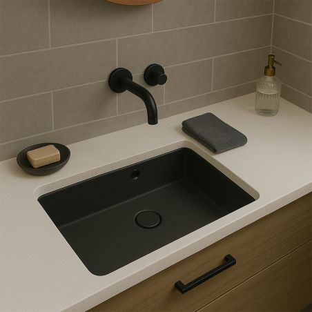 Waschbecken, Mattschwarz, Power Colour, Unterbau-Montage, 70-80x42 cm, Sanitärkeramik, Livia