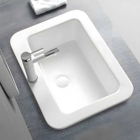 Waschbecken, Glänzend Weiß, Halb-Einbaumontage, mit Hahnloch, Sanitärkeramik, 60x44 cm, Monza