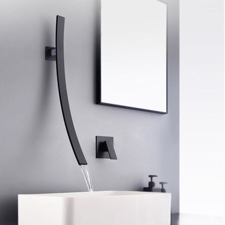 Waschbeckenarmatur, Wasserfall Design, Einhebelmischer, Schwarz, Messing, Wandmontage, Fluvia