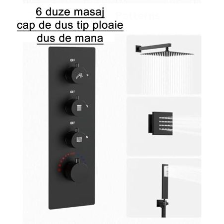 Duschsystem mit Thermostat, 6 Massagedüsen, wandbündige Montage, Messing, Schwarz, Vento