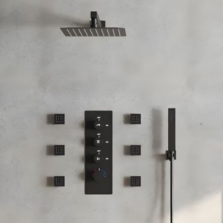 Duschsystem mit Thermostat, 6 Massagedüsen, wandbündige Montage, Messing, Schwarz, Vento