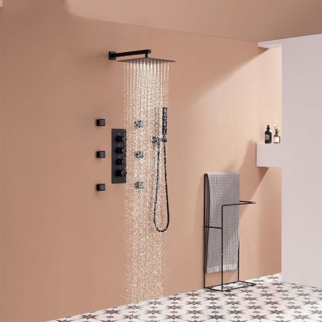 Duschsystem mit Thermostat, 6 Massagedüsen, wandbündige Montage, Messing, Schwarz, Vento