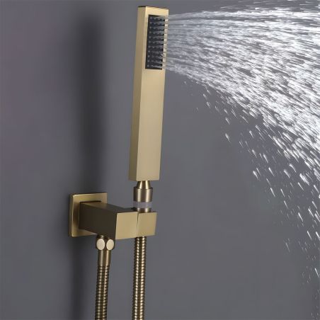 Duschsystem mit Thermostat, 6 Massagedüsen, wandbündige Montage, Messing, Mattgold, Vento