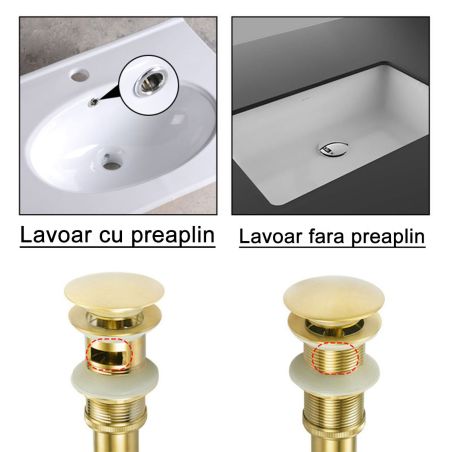 Siphon mit Ventil, Pop-up-System, Gold, mit oder ohne Überlauf, Silikondichtung, Zaro