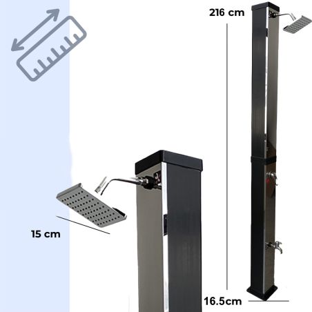 Solar-Dusche für Garten und Pool, 35 Liter Kapazität, Regenduschkopf 15 cm, Schwarz-Spiegel-Optik, Luce