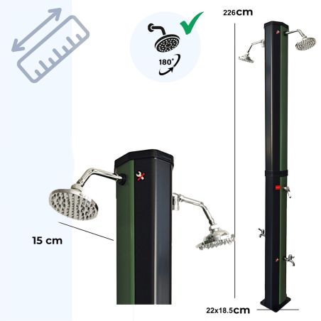 Doppel-Solardusche für Garten und Pool, 60 Liter Kapazität, 2 Regenduschen, 2 Fußduschen, Schwarz-Grün, Fresco