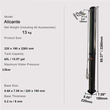 Solar-Dusche, 60 Liter, Fußdusche, Handbrause, Thermometer, Regenduschkopf, PVC+ABS, Grün-Schwarz, Alicante