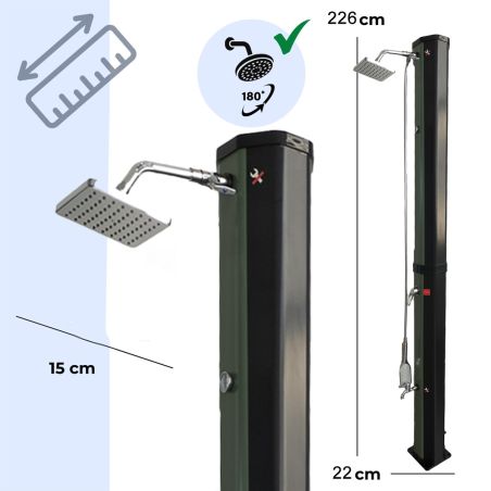 Solar-Dusche, 60 Liter, Fußdusche, Handbrause, Thermometer, Regenduschkopf, PVC+ABS, Grün-Schwarz, Alicante