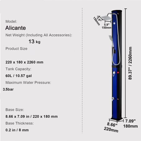 Solar-Dusche, 60 Liter, Fußdusche, Handbrause, Thermometer, Regenduschkopf, PVC+ABS, Blau-Schwarz, Alicante