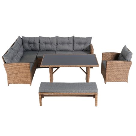 Möbelset für Garten oder Terrasse – Sofa, Sessel, Bank + Tisch mit Glasplatte, inklusive Kissen, Polyrattan, Bali