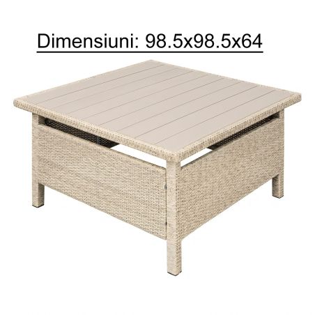 Möbelset für Garten oder Terasse – Sofa, 2 Bänke und quadratischer Tisch, Polyrattan, Santorini