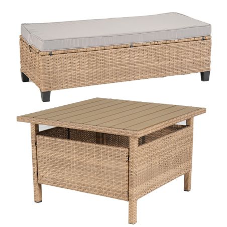 Möbelset für Garten oder Terasse – Sofa, 2 Bänke und quadratischer Tisch, Polyrattan, Santorini