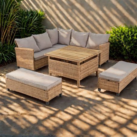 Möbelset für Garten oder Terasse – Sofa, 2 Bänke und quadratischer Tisch, Polyrattan, Santorini