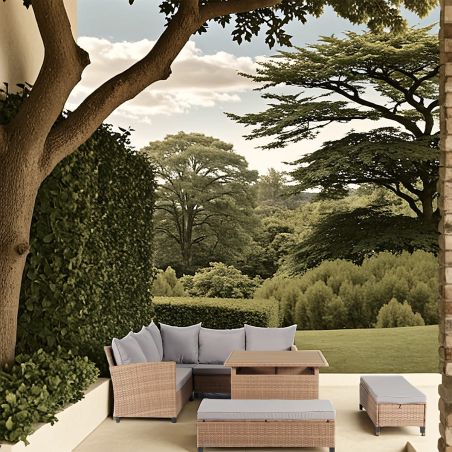 Möbelset für Garten oder Terasse – Sofa, 2 Bänke und quadratischer Tisch, Polyrattan, Santorini