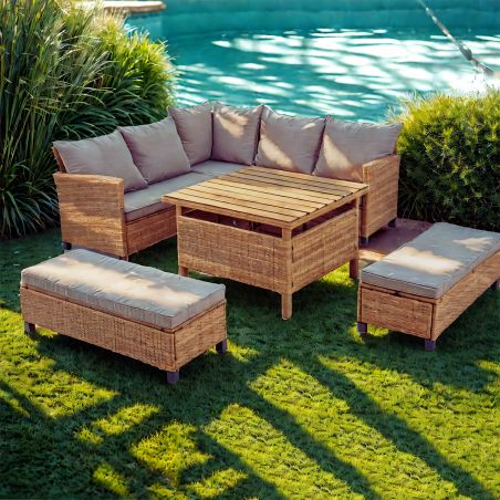 Möbelset für Garten oder Terasse – Sofa, 2 Bänke und quadratischer Tisch, Polyrattan, Santorini