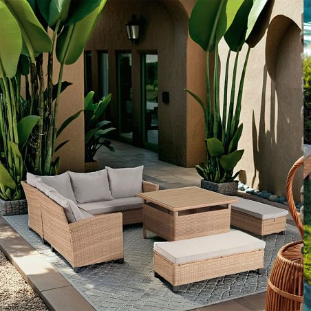 Möbelset für Garten oder Terasse – Sofa, 2 Bänke und quadratischer Tisch, Polyrattan, Santorini