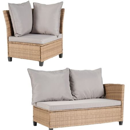Möbelset für Garten oder Terasse – Sofa, 2 Bänke und quadratischer Tisch, Polyrattan, Santorini