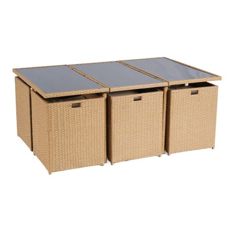 Möbelset für Garten oder Terrasse – klappbarer Cube, Tisch mit Glasplatte, 6 Stühle mit klappbarer Lehne, 4 Hocker,  Mauritius