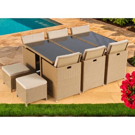 Möbelset für Garten oder Terrasse – klappbarer Cube, Tisch mit Glasplatte, 6 Stühle mit klappbarer Lehne, 4 Hocker,  Mauritius