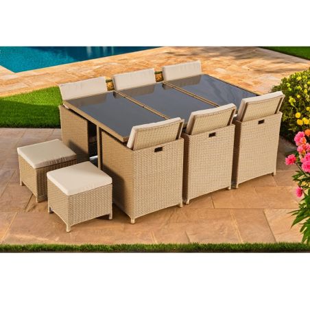 Möbelset für Garten oder Terrasse – klappbarer Cube, Tisch mit Glasplatte, 6 Stühle mit klappbarer Lehne, 4 Hocker,  Mauritius