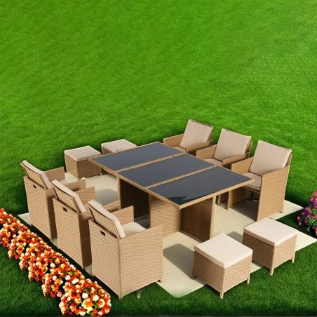 Möbelset für Garten oder Terrasse – klappbarer Cube, Tisch mit Glasplatte, 6 Stühle mit klappbarer Lehne, 4 Hocker,  Mauritius