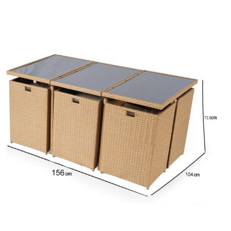 Möbelset für Garten oder Terrasse – klappbarer Cube, Tisch mit Glasplatte, 6 Stühle mit klappbarer Lehne, 4 Hocker,  Mauritius