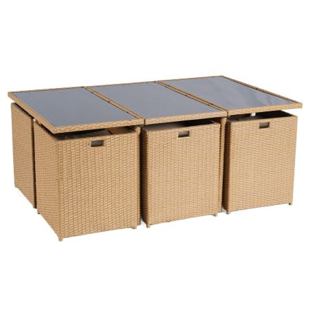 Möbelset für Garten oder Terrasse – klappbarer Cube, Tisch mit Glasplatte, 6 Stühle mit klappbarer Lehne, 4 Hocker,  Mauritius