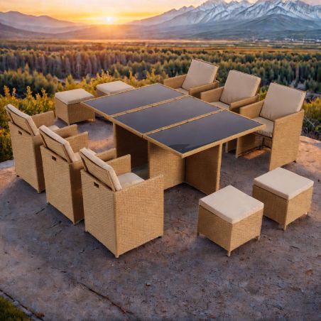 Möbelset für Garten oder Terrasse – klappbarer Cube, Tisch mit Glasplatte, 6 Stühle mit klappbarer Lehne, 4 Hocker,  Mauritius
