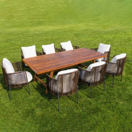 Möbelset für Garten oder Terrasse – Tisch und 8 Stühle, Aluminiumrahmen mit Polyrattan und massivem Teakholz, Tess