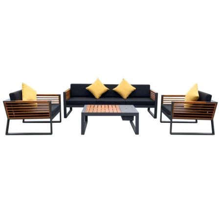 Möbelset für Garten oder Terrasse – Sofa, 2 Sessel, Couchtisch mit Ice Bucket, Aluminium und Holz, inklusive Kissen, Kia