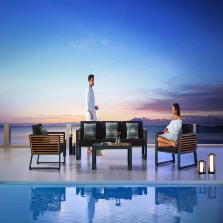 Möbelset für Garten oder Terrasse – Sofa, 2 Sessel, Couchtisch mit Ice Bucket, Aluminium und Holz, inklusive Kissen, Kia