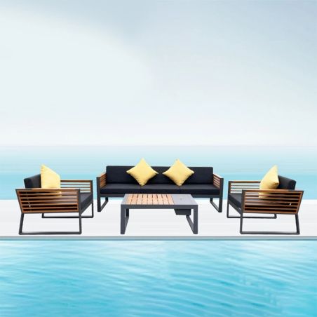 Möbelset für Garten oder Terrasse – Sofa, 2 Sessel, Couchtisch mit Ice Bucket, Aluminium und Holz, inklusive Kissen, Kia