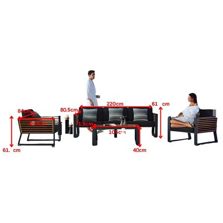 Möbelset für Garten oder Terrasse – Sofa, 2 Sessel, Couchtisch mit Ice Bucket, Aluminium und Holz, inklusive Kissen, Kia