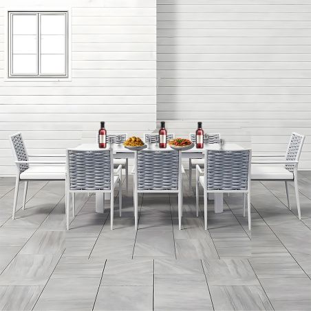 Möbelset für Garten oder Terrasse – Tisch aus Aluminium und Holz, 8 Stühle mit Seilgeflecht, Torino