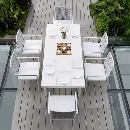 Möbelset für Garten oder Terrasse – Tisch aus Aluminium und Holz, 8 Stühle mit Seilgeflecht, Torino