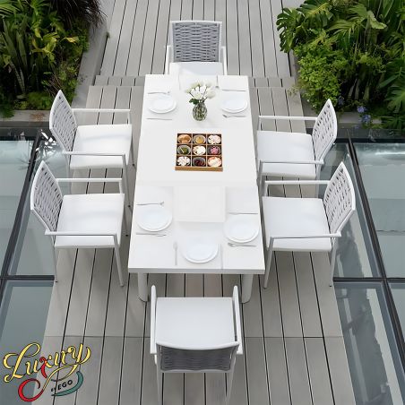 Möbelset für Garten oder Terrasse – Tisch aus Aluminium und Holz, 6 Stühle mit Seilgeflecht, Torino